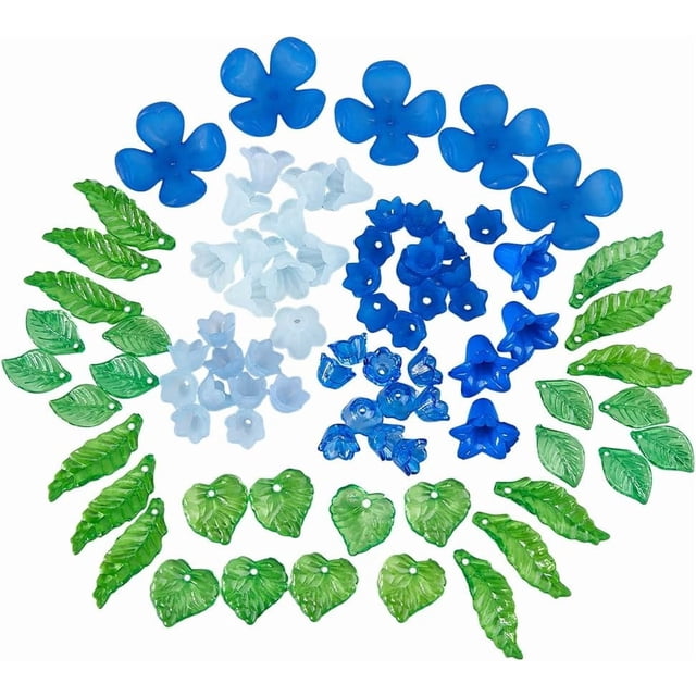 Kit de cuentas acrílicas con forma de flores y hojas, cuentas azules para colgantes florales, campanillas, tulipanes, lilas, flores de 4 pétalos, cuentas de flores.