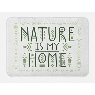 Nature is My Home Bath Mat, Typography Framed with Streaks and Motifs Tribal, Plush Bathroom Decor Mat with Non Slip Backing, 29.5" X 17.5", Olive Green Pale Green, by Ambesonne