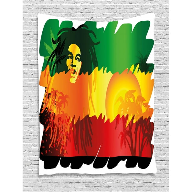 Rasta Tapestry, Iconic Reggae Music Singer Abstract Design with Sun and Palm Trees, Wall Hanging