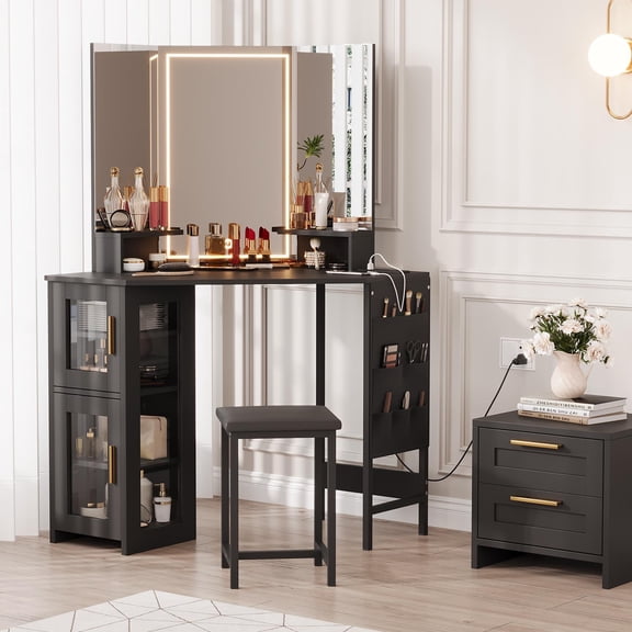 Corner Vanity Desk with LED Lighted Mirror Charging Station and Storage Cabinet with Stool-D