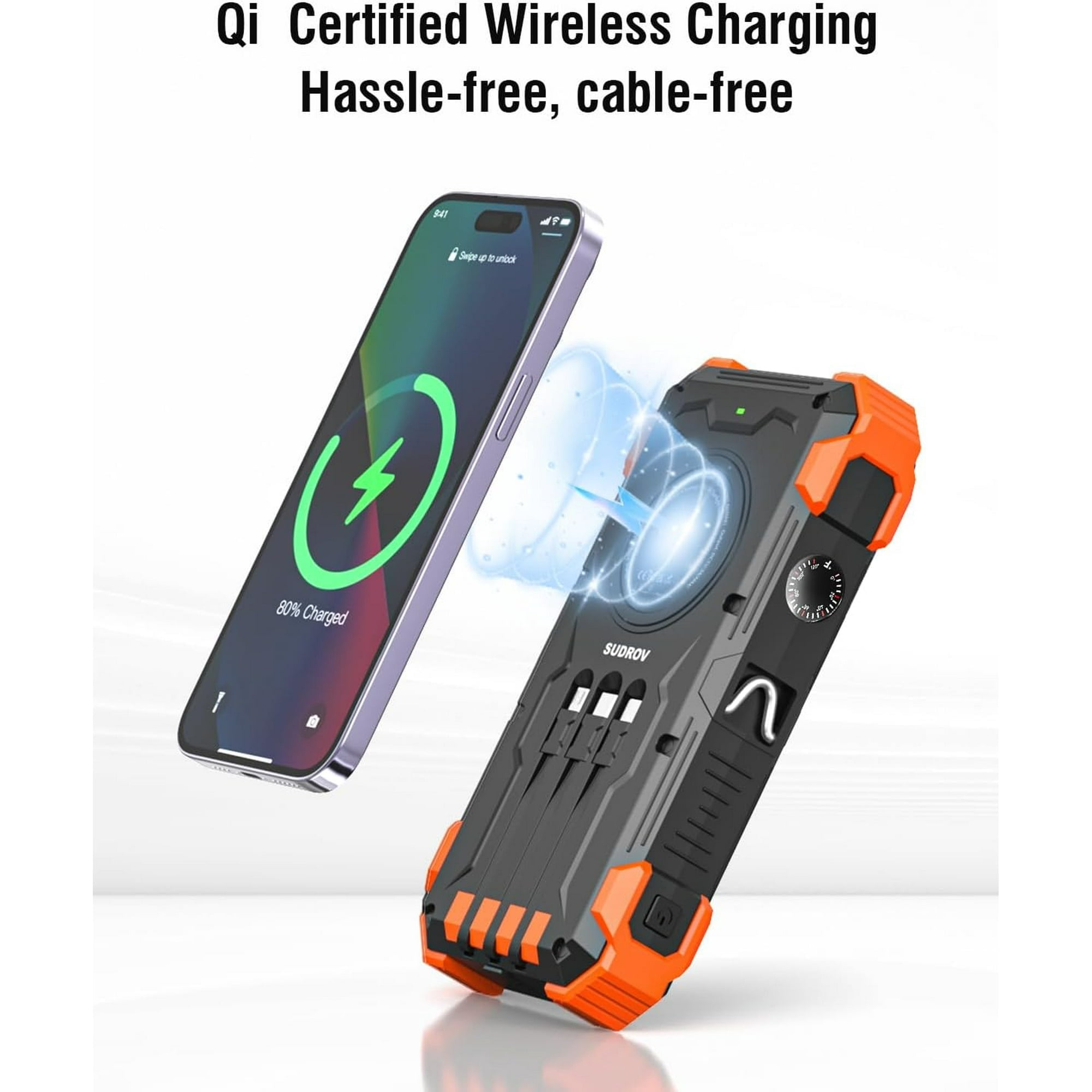 42800mAh Solar Charger Power Bank with 4 Cables, 15W Fast Charging Portable Charger for Cell Phone, Wireless Charger Solar Battery Pack with Dual Flashlights, Carabiner