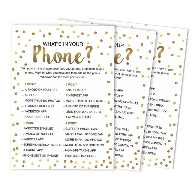 Inkdotpot 50-PackGold ConfettiWhats On Your Phone Bridal ShowerGameWedding Shower Bachelorette Party Bulk ActivityGameCards