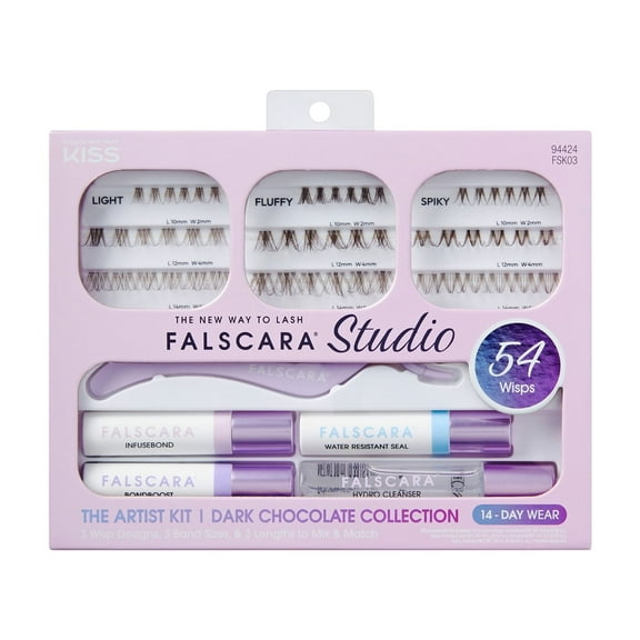KISS Falscara Studio Kit, Lash Extension Kit, Dark Chocolate, 10mm-12mm-14mm, 54 Lash Clusters