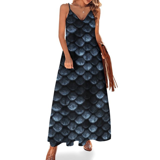 Vestido sin mangas con escamas de pez sirena en tonos azules profundos, ropa de verano para mujer, vestidos para fiesta de graduación, vestido para embarazadas