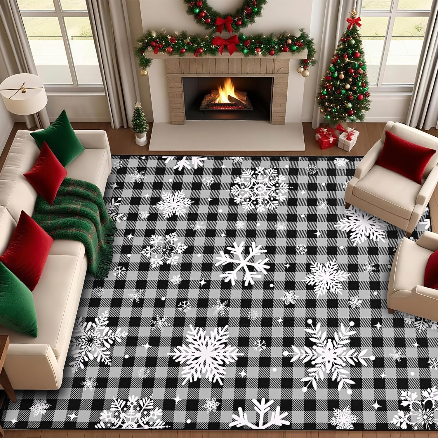 Bleum Cade 8'x10' Christmas Snowflake Area Rugs for Living Room, Washable Rugs for Bedroom Dinning Room,Grey Buffalo Plaid Rug Ultra Soft Non Slip Durable Large Carpet Home Decor