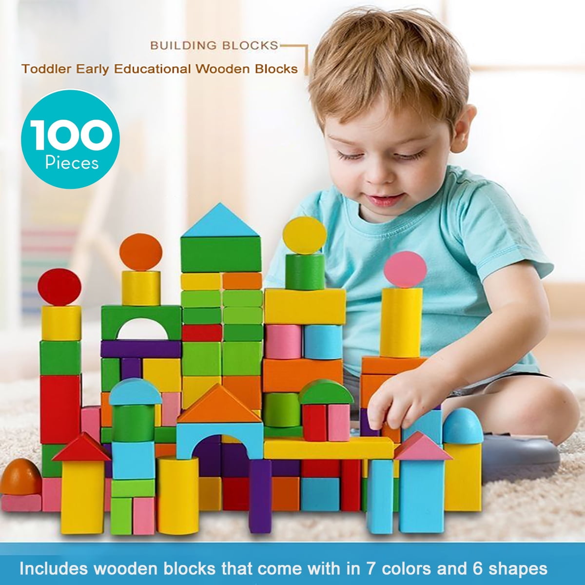 100 Pcs Wooden Blocks for Toddler, Multi-Colore Wooden Building Blocks, Educational Assembly Construction Building Toys Stacking Game for Kids