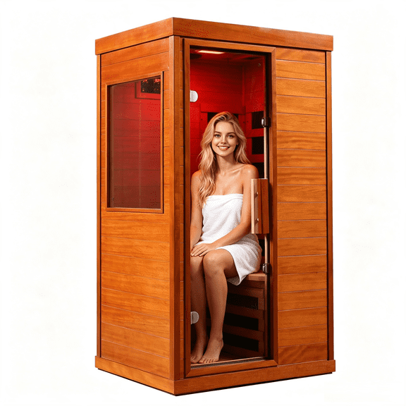 1-Person Far Infrared Sauna, Solid Wood Low-EMF Carbon-Crystal Heating Panels, 1120W Fast Even Heat, 7-Color Light, Smart Controller with Bluetooth Speakers, Easy to Assemble for Indoor