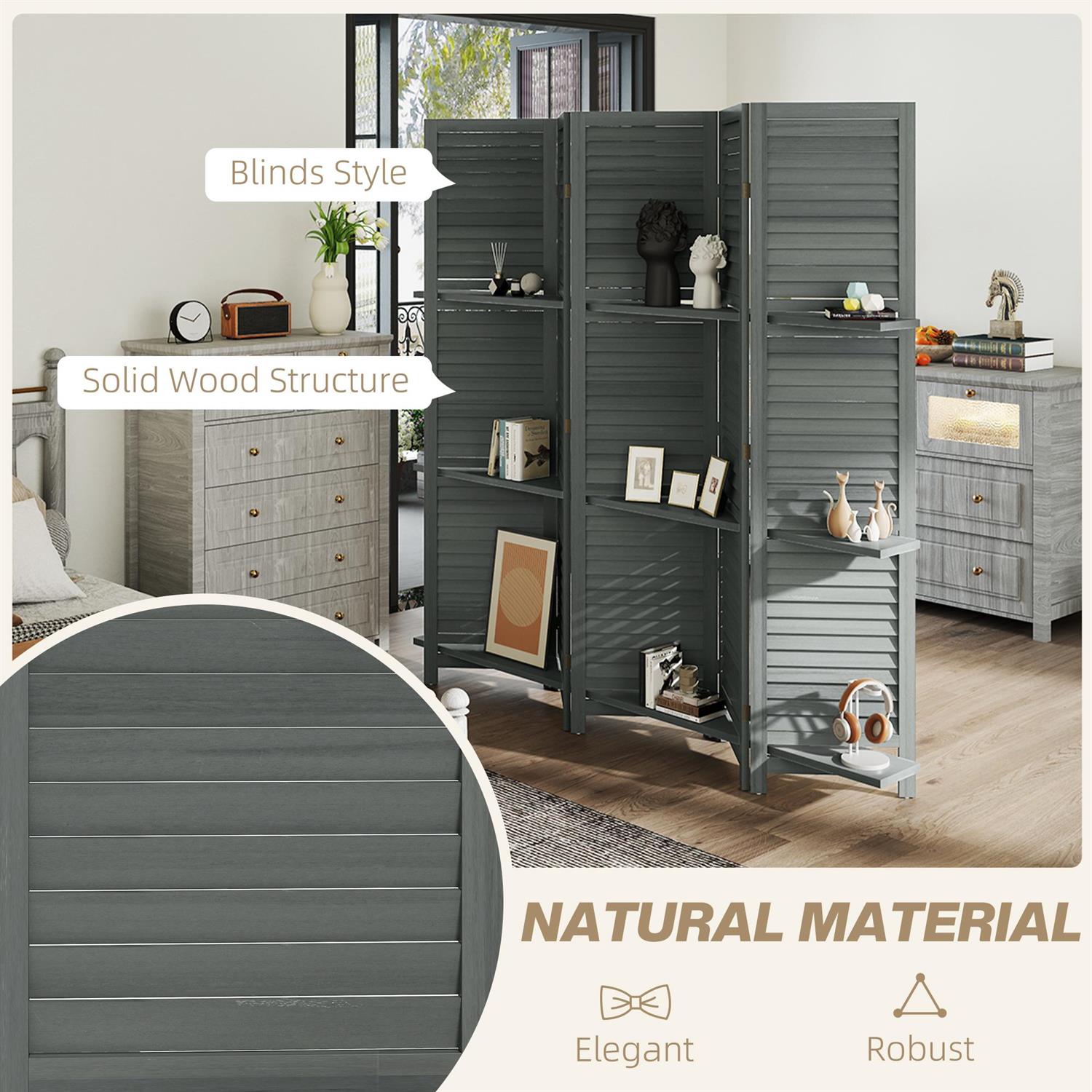 Demi Bonn 67" Tall Wood Privacy Screen Room Divider with 5 Panels, 3 Shelves, Folding Storage for Bedrooms, Gray