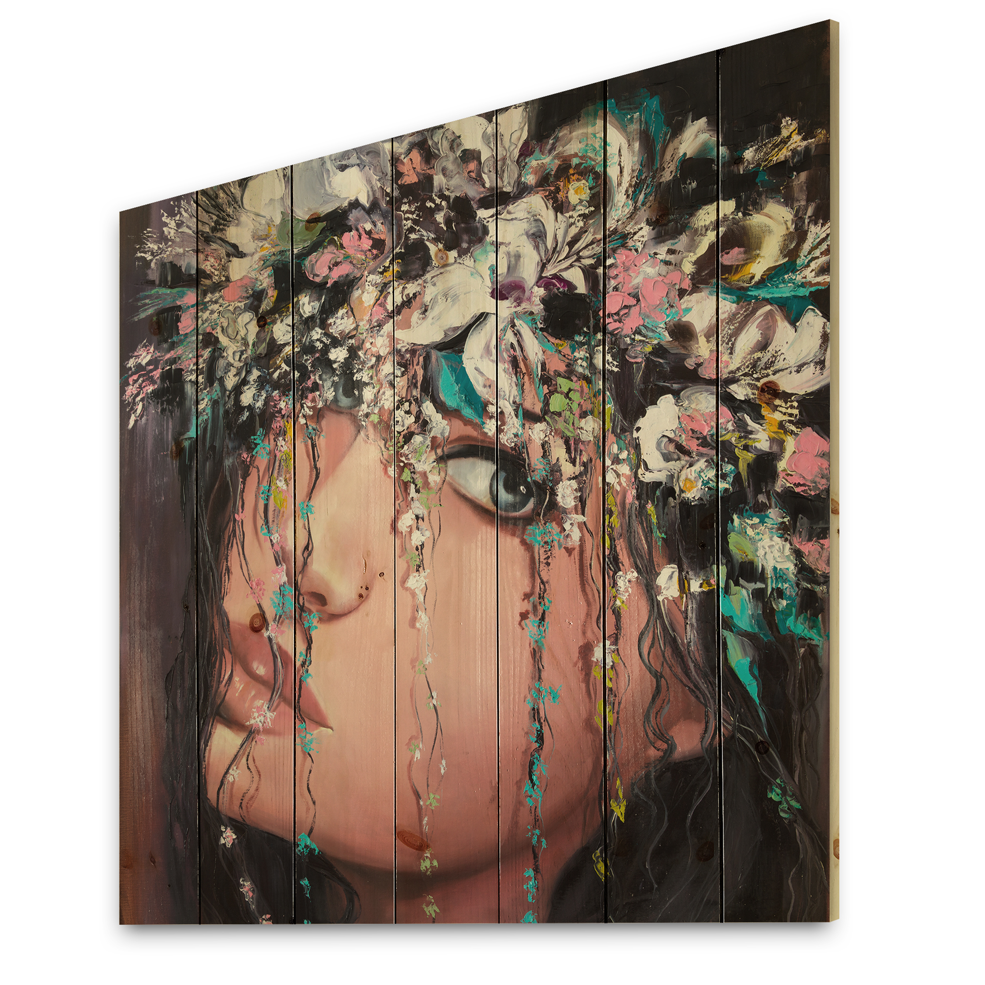 Designart 'Portrait Of A Young Woman With Flowers II' Modern Print on Natural Pine Wood