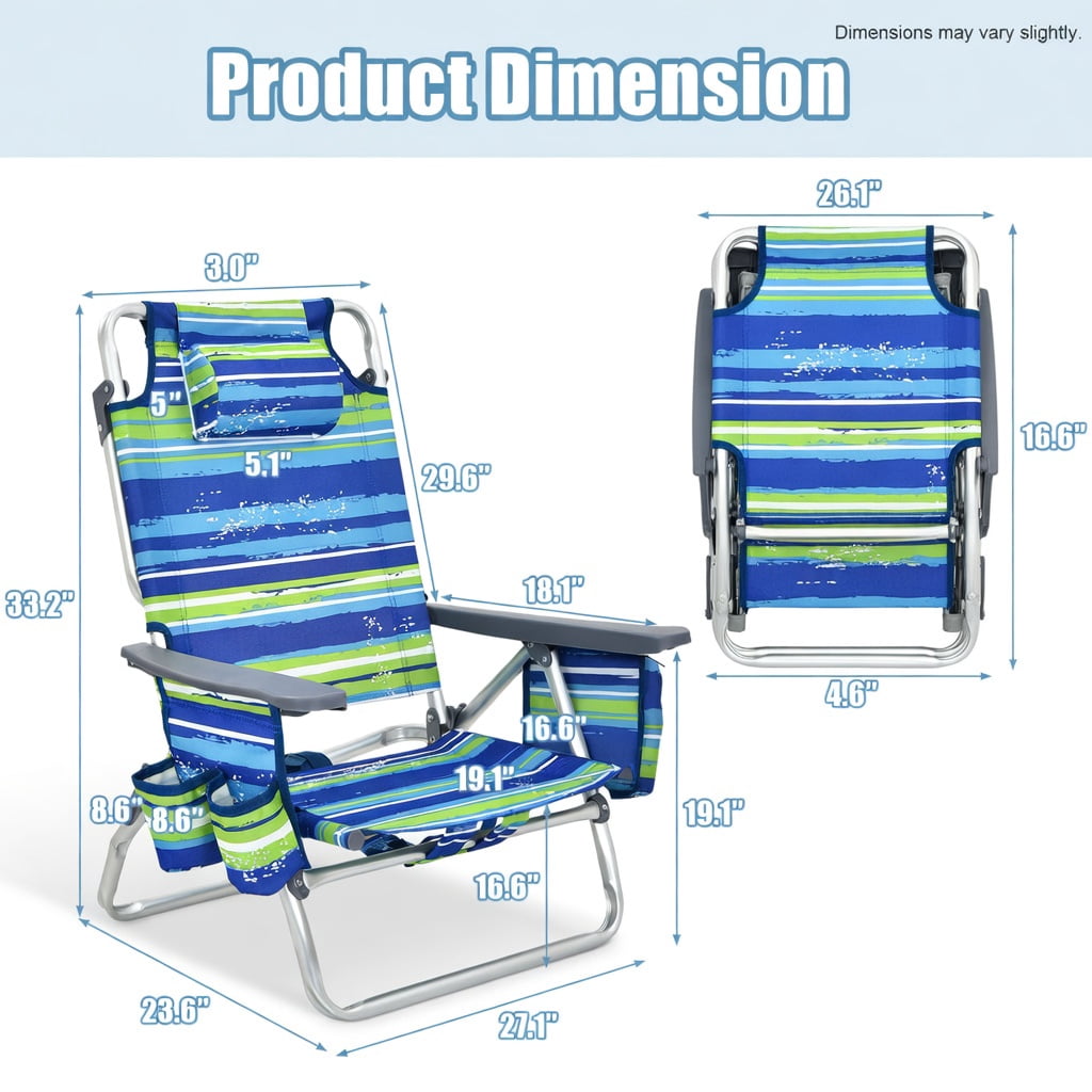 Hommoo 2-Pack Foldable Beach Chair with Pillow, 5-Position Reclining Outdoor Lounge Chair for Beach, Pool & Camping, Blue