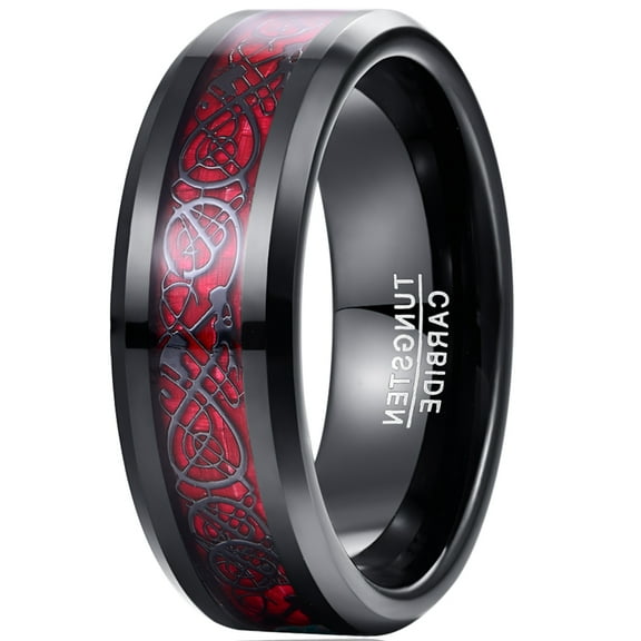 Men's 8mm Black Tungsten Carbide Wedding Ring Celtic Tungsten Ring Celtic Dragon Inlay Polished Finish Size 5-15