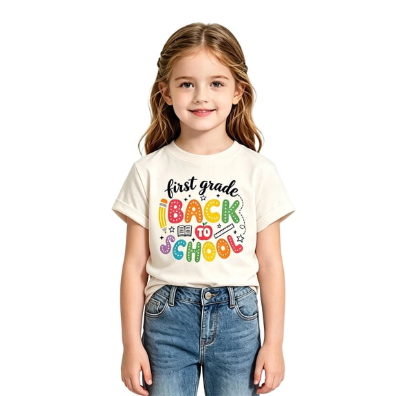 School Uniform Tshirts Kids First Day First Grade T Shirt Short Sleeve Girls Top Graphic Tees for Boys Beige 4-5 Years