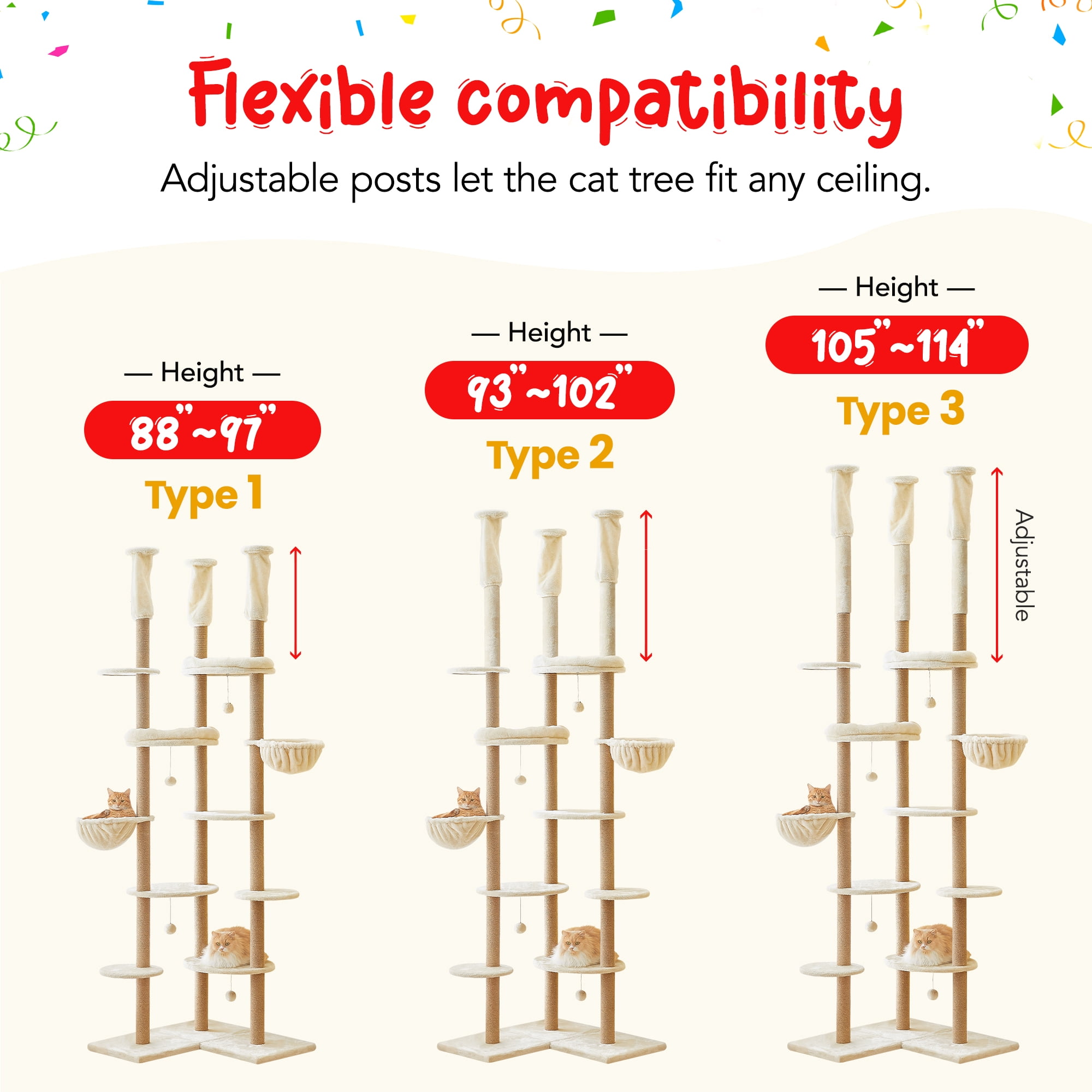 Floor to Ceiling Cat Tree, Tall Cat Tower Adjustable Height (88”-114”=223-290CM), 6-Tier Cat Climbing Tower with 18 Fully Sisal Scratching Posts,Beige