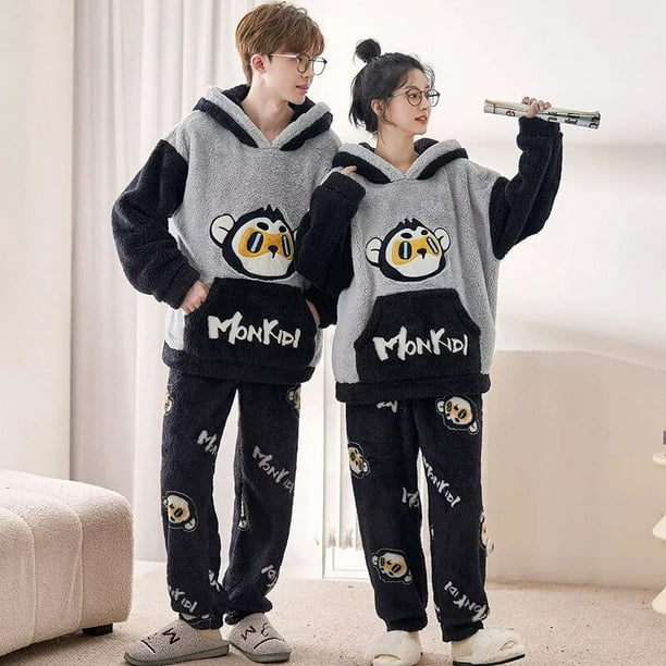 Conjunto de pijama de felpa de franela gruesa para hombre y mujer, ropa de dormir de manga larga, sudaderas con capucha de dibujos animados dulces, cálido, 7 estilos, Invierno