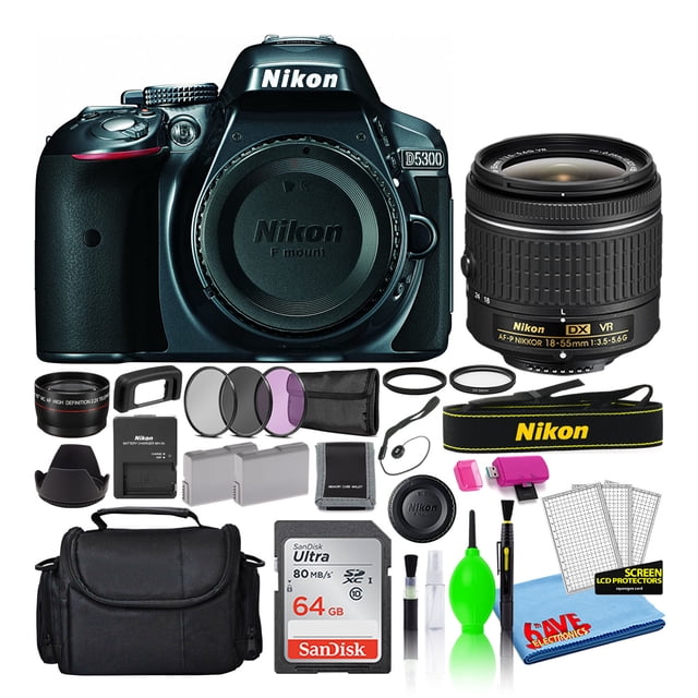 Nikon D5300 24.2MP DSLR Digital Camera with 18-55mm AF-P VR Lens (Grey) (1521) Bundle with SanDisk 64GB SD Card + Camera Bag + Filter Kit + Spare Battery + Telephoto Lens Nikon 1524-6A-1