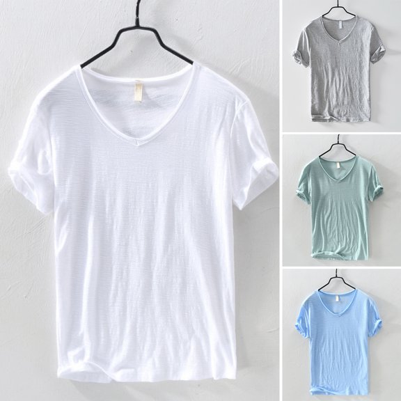 Joernso Summer Men Thin Breathable T-shirt V-neck Short Sleeve Solid Color Casual Basic Tees Casual Bottoms Pullover Tops