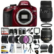 Nikon D3200 Red DSLR Digital Camera + 18-55mm VR + Sigma 70-300mm Lens + 128GB Memory + 2 Batteries + Charger + LED Video Light + Backpack + Case + Filters + Auxiliary Lenses + More!