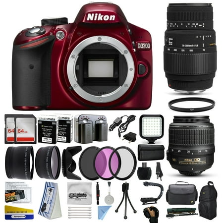 Nikon D3200 Red DSLR Digital Camera + 18-55mm VR + Sigma 70-300mm Lens + 128GB Memory + 2 Batteries + Charger + LED Video Light + Backpack + Case + Filters + Auxiliary Lenses + More!