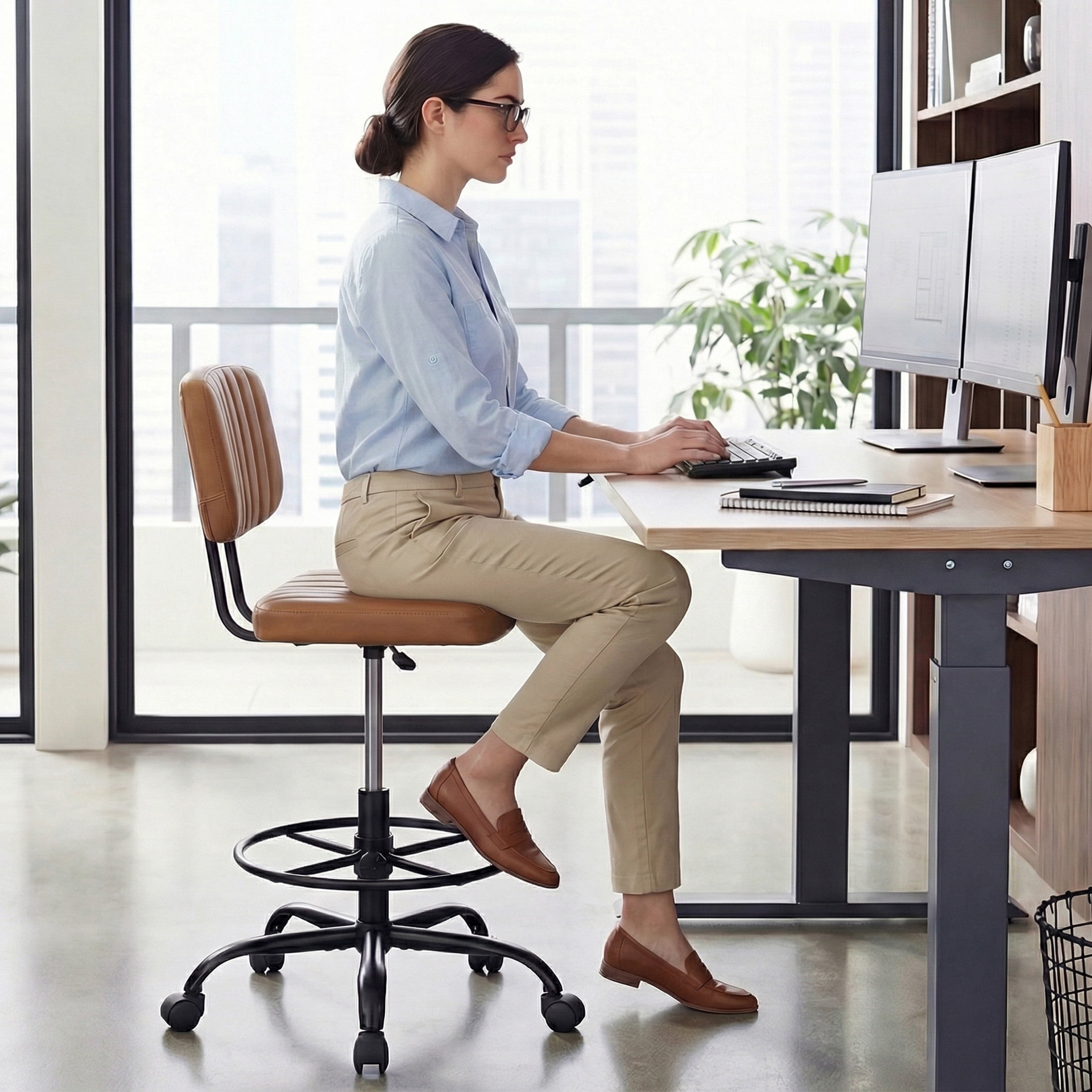 edx Adjustable Height & Foot Rest Office Desk Chairs with Backrest, PU Leather Modern Rolling Stool with Wheels 360°Swivel Task Chair for Home Office Bar Kitchen Shop(Brown)