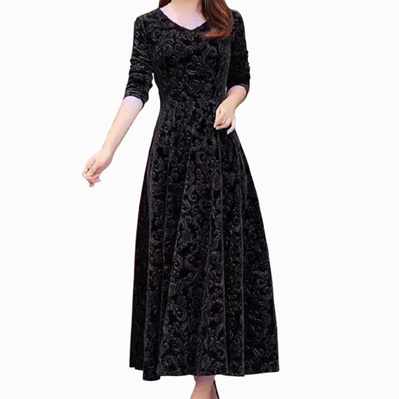 Dyfzdhu Formal Dresses for Women Plus Size Elegant Floral Print V Neck Long Sleeve Pleuche Velvet Maxi Dress Wedding Guest Party Black