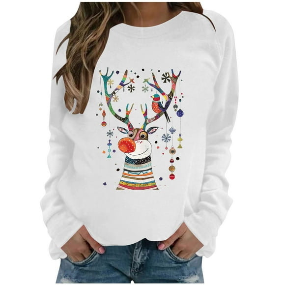 lcziwo Plus Size Sweatshirts for Women Winter Long Sleeve Pullover Christmas Reindeer Print Crew Neck Oversized Sweatshirt 2024 Womens Tops White,XXL