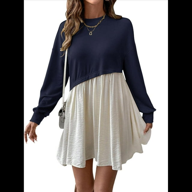 Vestido Corto Informal de Corte A con Cuello Redondo, Larga y Dobladillo con Volantes para Mujer Azul Marino M