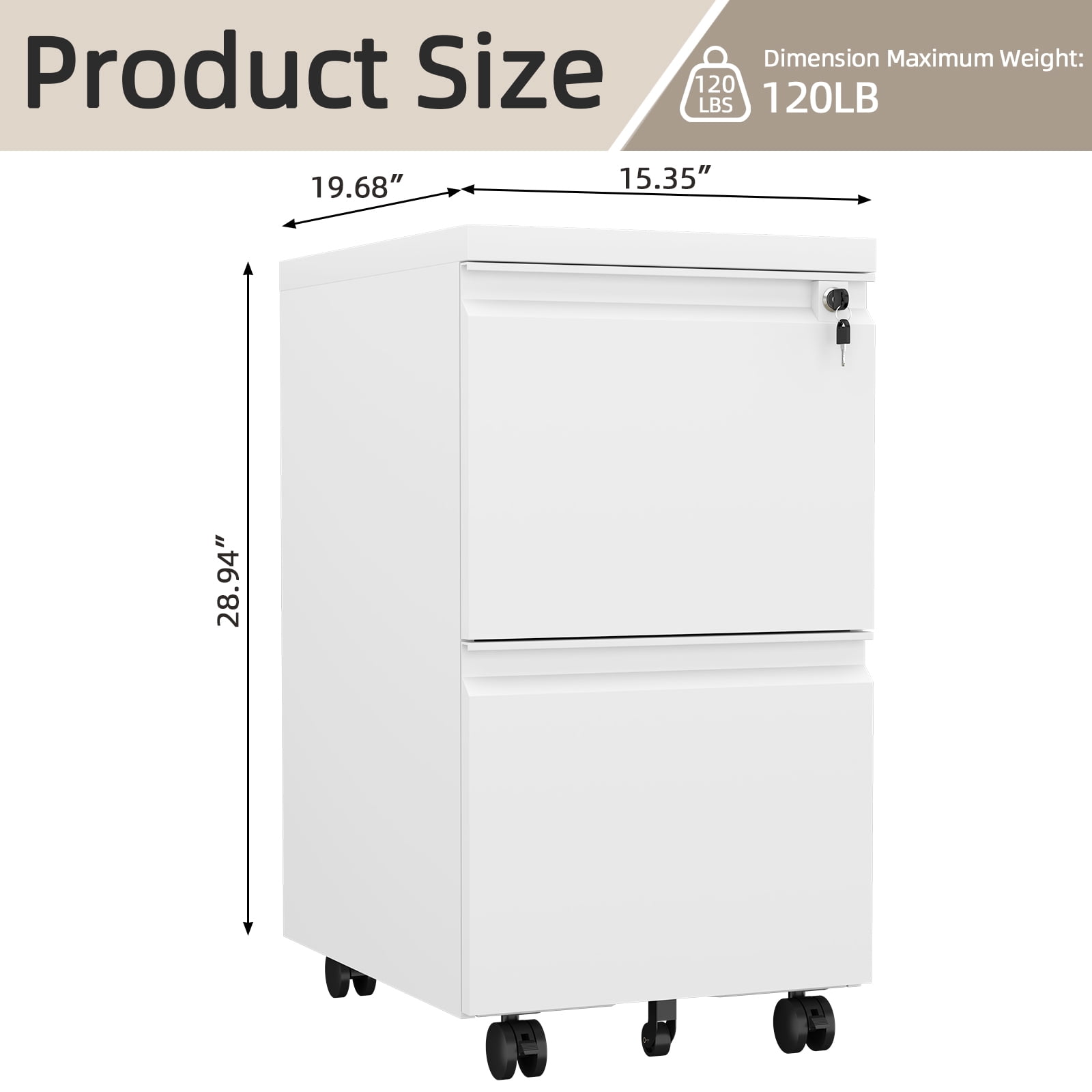 Marcree Filing Cabinet 2 Drawer,Metal Filing Cabinet with Lock,Under Desk Storage Cabinet with Wheels,Rolling File Cabinet for Legal/Letter File,White
