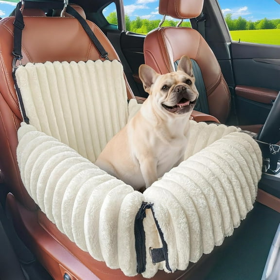 6-in-1 Dog Car Seat for Small/Medium Dogs up to 25 lbs, Multi-Functional Dog Carrier for Car with Detachable Washable Cover, Pet Travel Bed with Clip-On Safety Leash, Beige
