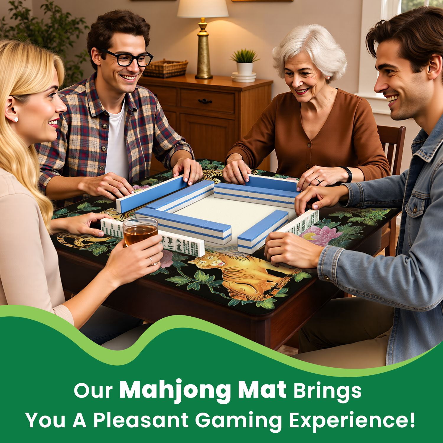 Mahjong Mat 31.5" x 31.5" Ornamental Tiger Leopard Peacock Pink Peonies Green Foliage Black Non-Slip Noise Reduction American Mahjong Tiles Table Cover for Dominoes Poker Card Board Games Gift