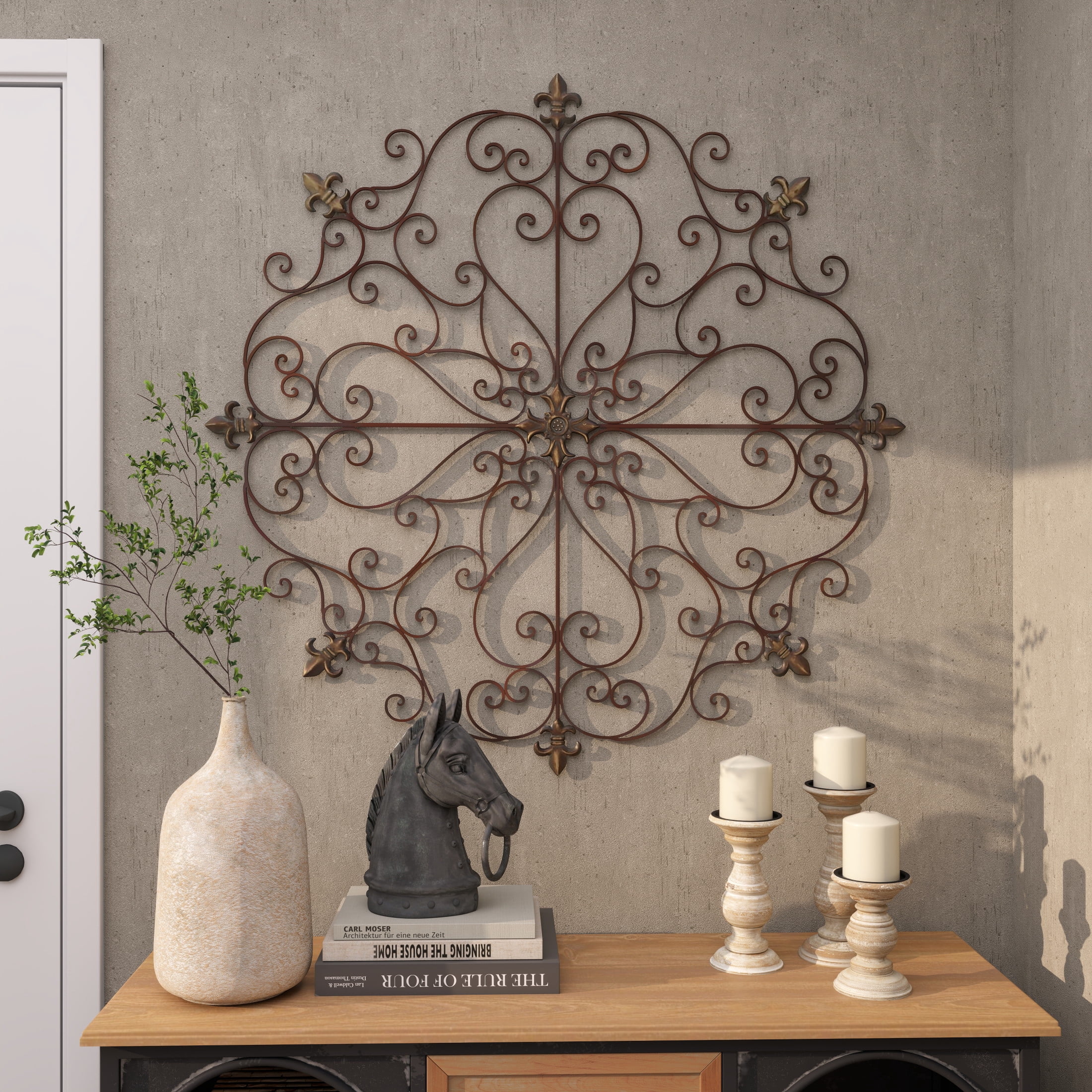 DecMode Brown Metal Scrolled Medallion Fleur De Lis Wall Decor