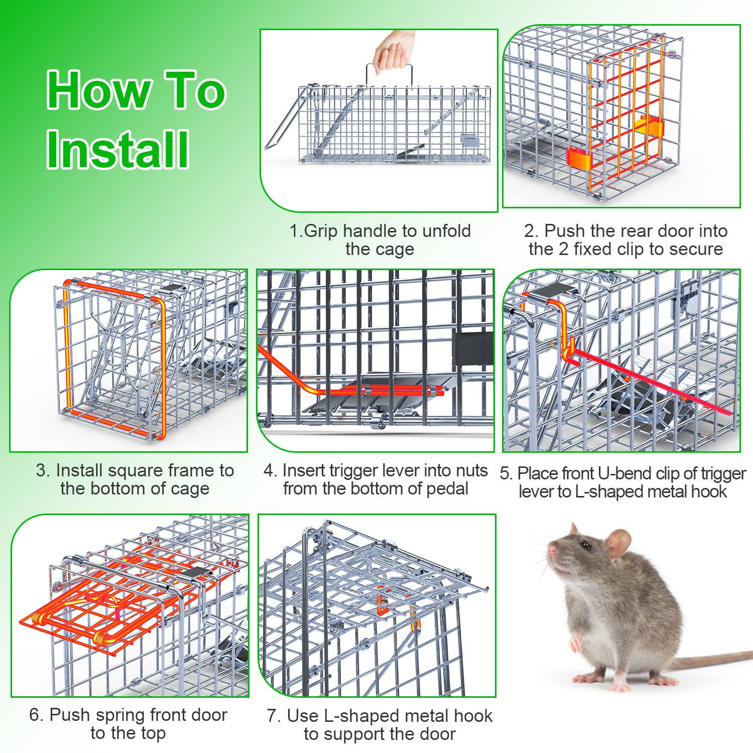 Moclever 2Pcs Humane Live Rodent Trap Cage, Galvanized Iron Foldable Rat Trap Cage with Detachable L Shaped Rod for Kitchen Garden Warehouse, 16x5.2x6in