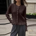 thumbnail image 5 of gbyLJF Womens Ruffer Sweater Cardigan Button Down Long Sleeve Crew Neck Cropped Knitted Tops Coffee, 5 of 6