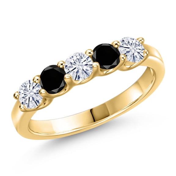 Gem Stone King 10K Yellow Gold White Moissanite and Black Diamond Wedding-Bands Ring for Women | 0.82 Cttw | Round 3.5MM | Gemstone Birthstone | Size 7