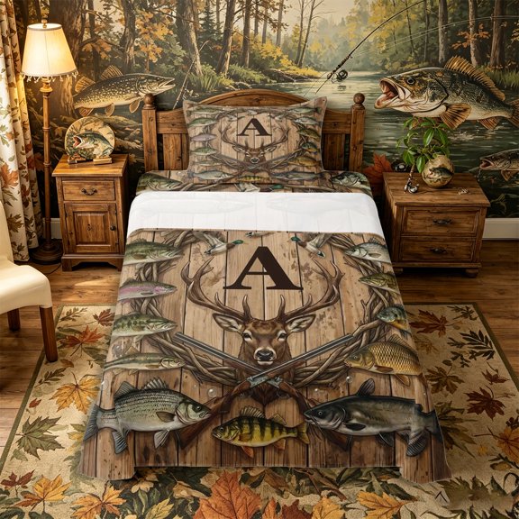 Castle Fairy Vintage Hunting Monogram A Twin Sheets 3pcs,Mixed Game Fish Deer Wreath Bedding,Wood Brown,1 Fitted Sheet,1 Flat Sheet and 1 Pillowcase
