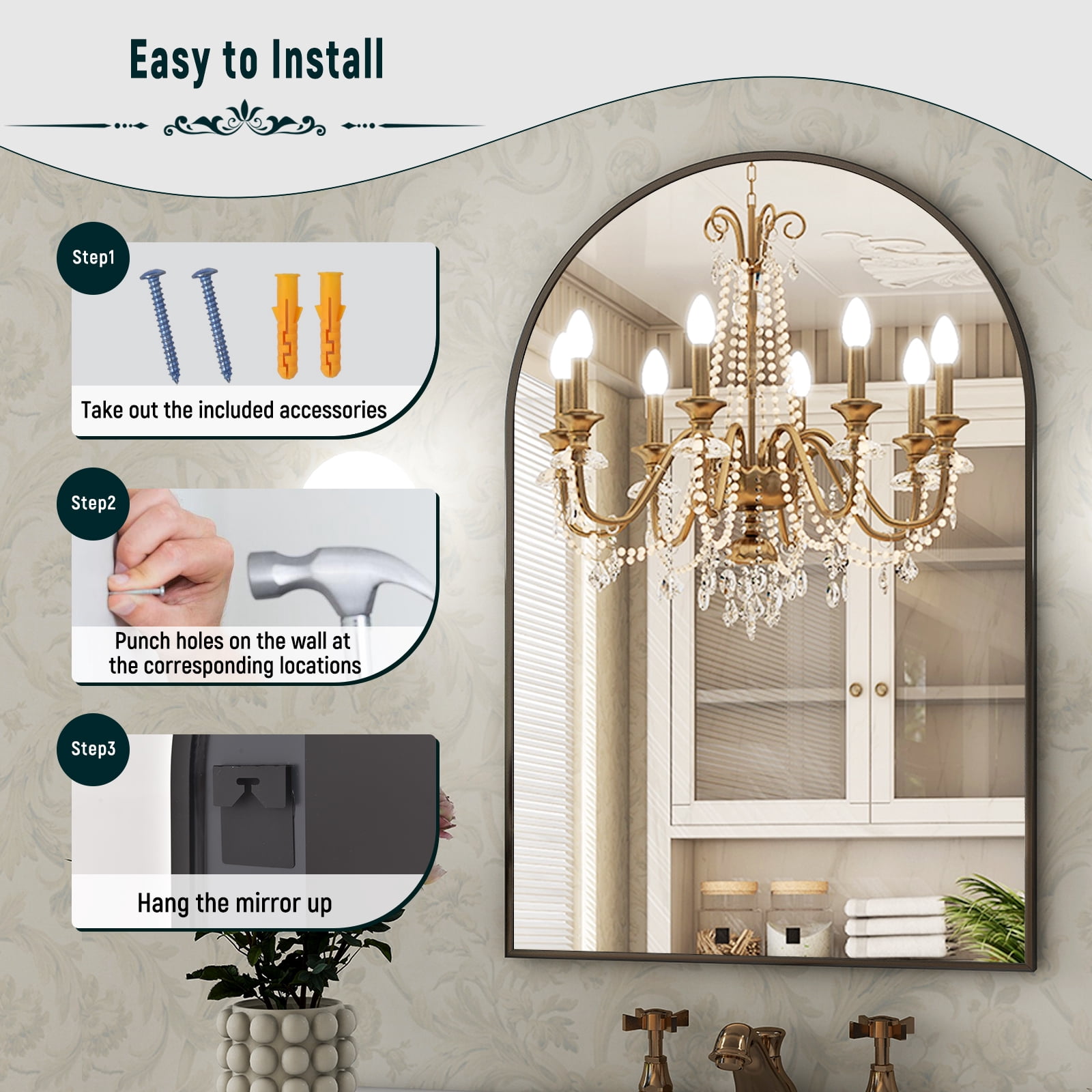SHATTERVIEW 30"x40" Bathroom Wall Mounted Mirror Arched Hanging Vanity Mirror, Black