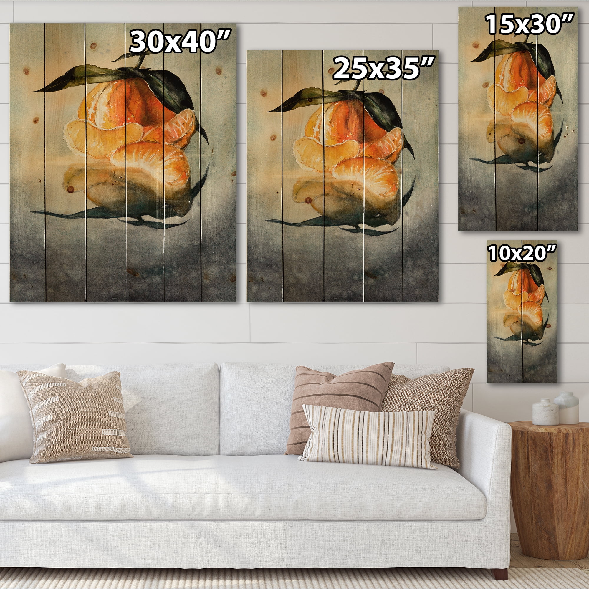 Designart 'One Peeled Fresh Orange Mandarin Under Green Leaves' Traditional Print on Natural Pine Wood