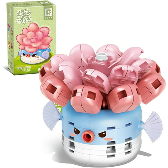 ERDS-Mini Succulent Bonsai Building Blocks Set,Creative Simulation Pot Plant Artificial Particle Flower Botanical Collection Construction Building Bricks Toys,Cute Home Decor (Puffer Fish)