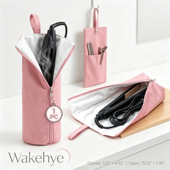 Holder and Mat for Hot Tools Curling Iron Flat Iron Heat Resistant Hair Tools Travel Bag Ideal for Home Traveling Present, Light Pink