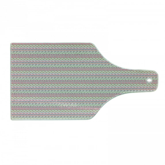 Tribal Cutting Board, Stripes with Triangles Arrows Abstract Geometric Composition, Decorative Tempered Glass Cutting and Serving Board, Wine Bottle Shape, Dark Coral Pale Blue, by Ambesonne