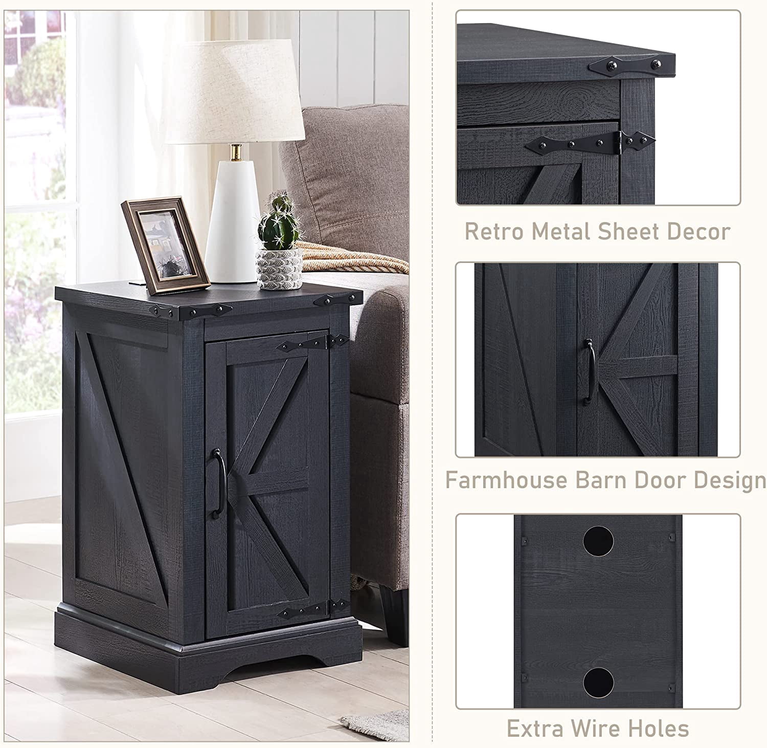 T4TREAM Farmhouse Nightstand with Charging Station, Wood End Table Side Table, Black