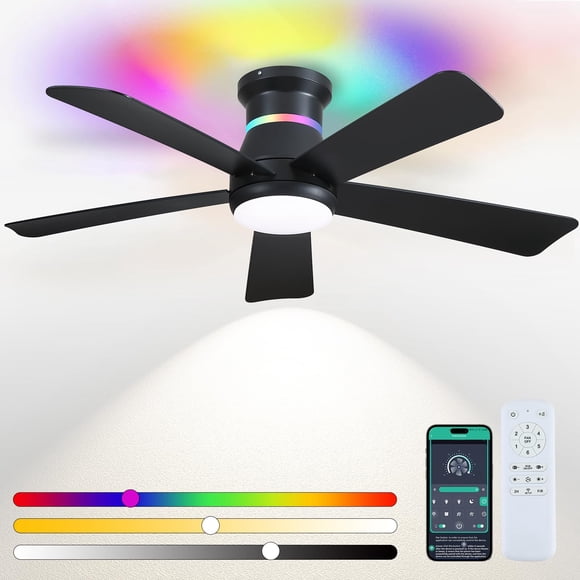Ventilador de techo Surtime de 46" negro con LED RGB y montaje al ras