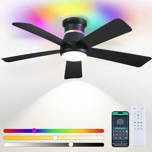 Ventilador de techo Surtime de 46" negro con LED RGB y montaje al ras