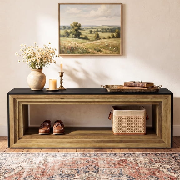 Tribesigns 2-Tier Long Entryway Bench with Shoe Storage, 63" Wooden Seating for Hallway, End of Bed, Black & Brown
