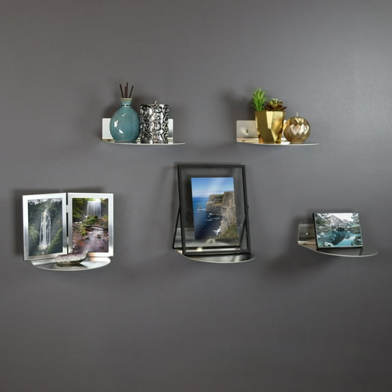 Polar Whale Modern Hanging Brushed Stainless Steel 8 inch Wide Rounded Floating Wall Shelves with Mounting Hardware Set of 5