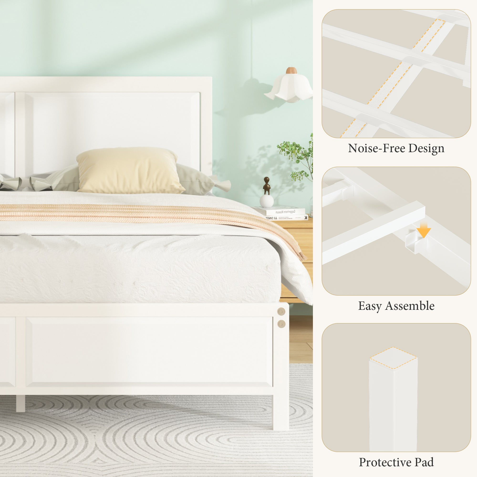 VECELO Full Metal Platform Bed Frame with Wooden Headboard, Heavy Duty Slat Support, No Box Spring Needed, White