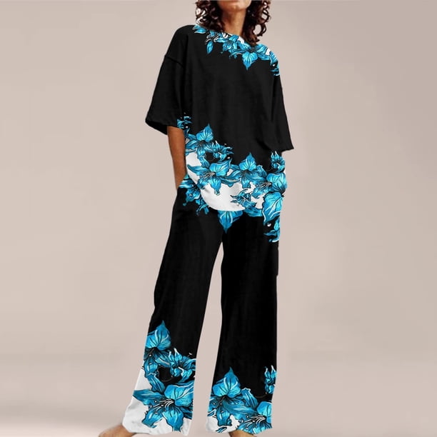 Puntoco Conjuntos de 2 piezas de verano para mujer, conjuntos a juego, tops de lino de manga corta y pantalones largos, chándales, traje de liquidación Puntoco Puntoco-6091