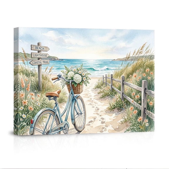 Coastal Bike Path Beach House Scenic Oceanfront Vintage Bicycle Flowers Hanging Canvas