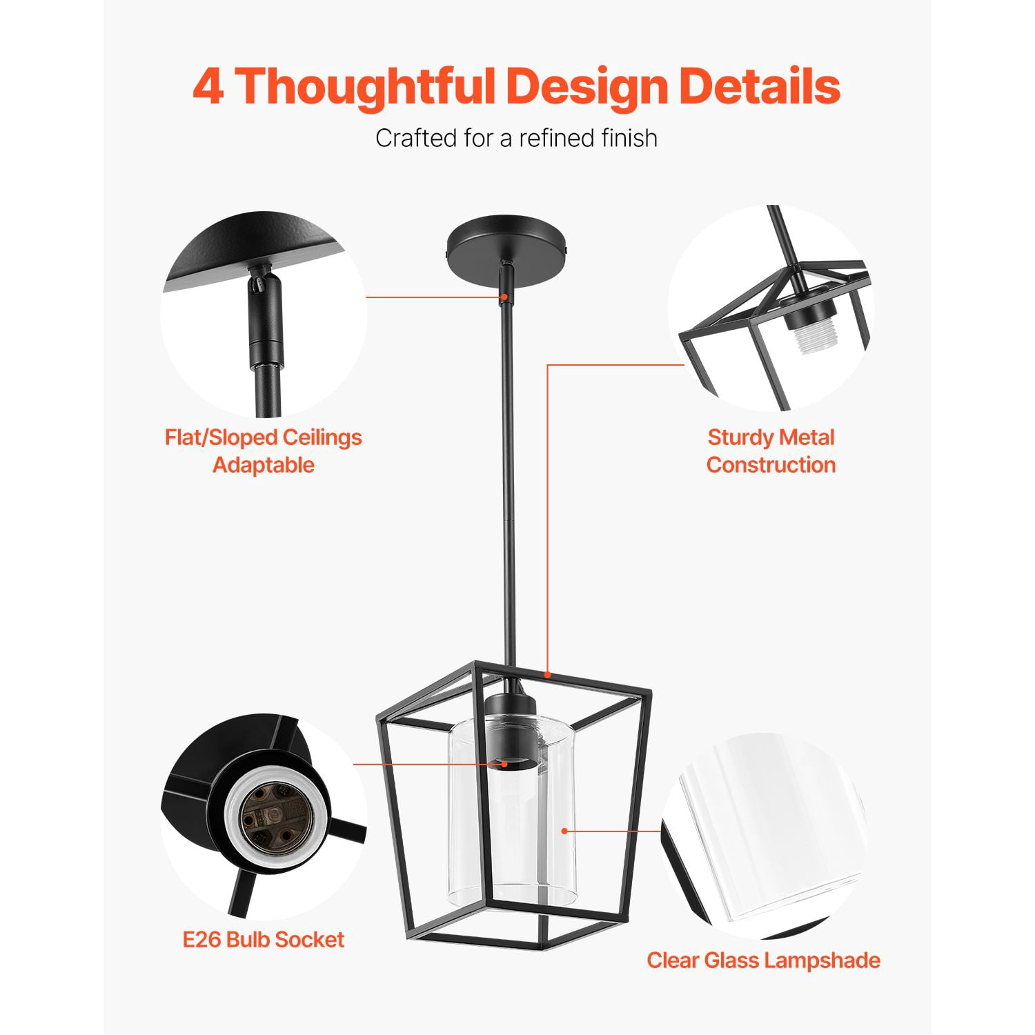 Vintage Cage Pendant Light Black Metal Frame Glass Shade Adjustable Height E26 Socket for Kitchen Island Dining Room Bar