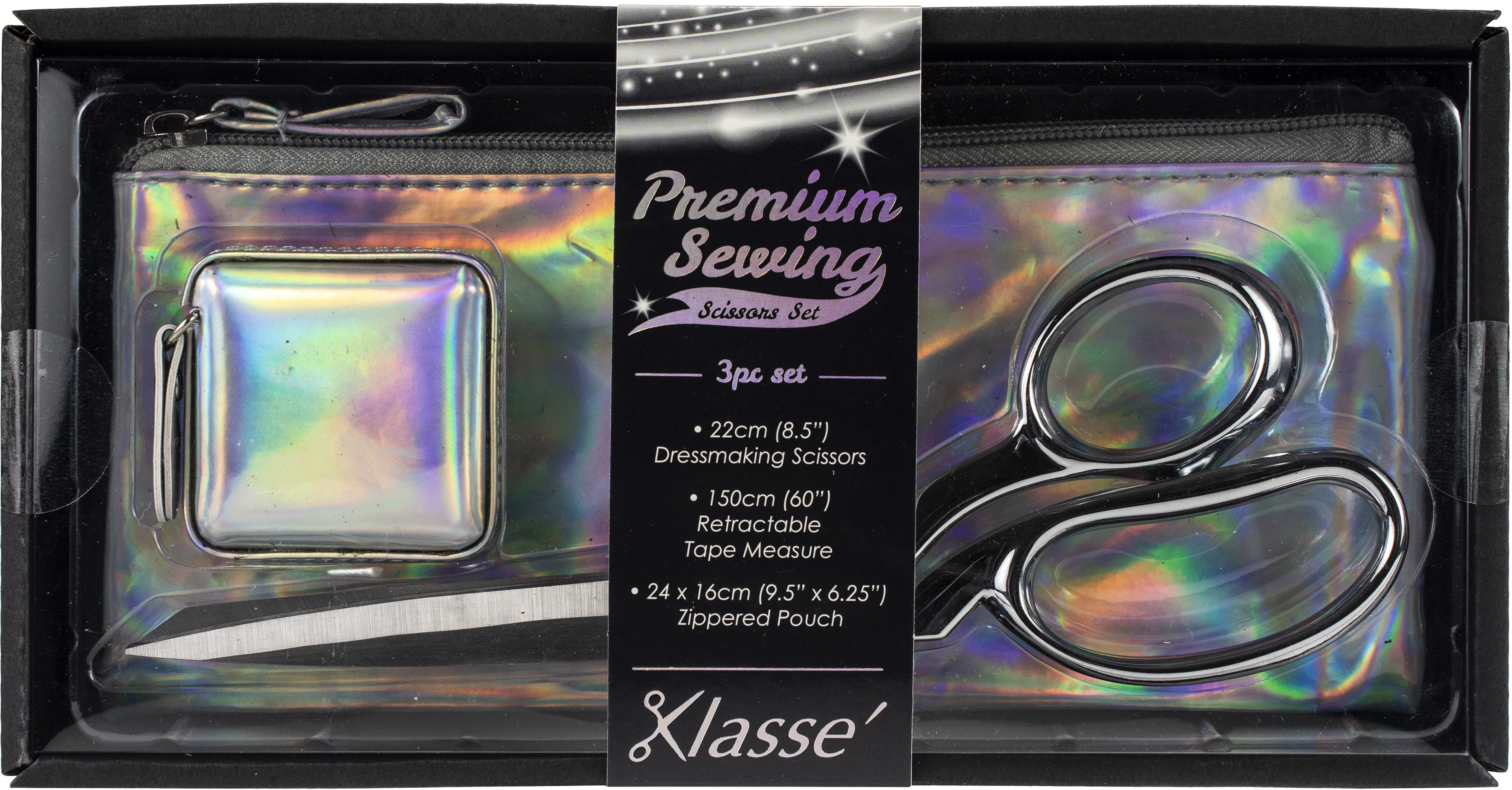 Klasse Iridescent Scissor 3pc Set-W/Dressmaker Shears, Tape Measure & Case