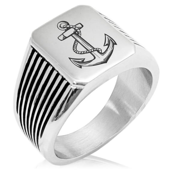 Stainless Steel Mariner Nautical Anchor Needle Stripe Pattern Biker Style Polished Ring